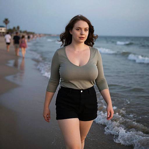 Curvy Woman Strolling Seaside Boardwalk