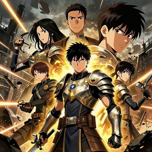Digital anime-style illustration of five determined, armored warriors with black hair, glowing swords, and intense expressions, surrounded by fiery explosions.