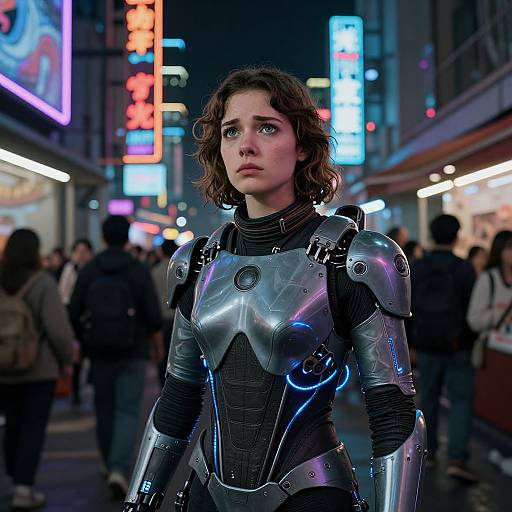 Photorealistic CGI of a young woman in futuristic metallic armor standing in a neon-lit, crowded urban street at night.