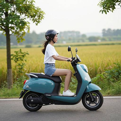 Young woman riding a teal scooter, wearing a white t-shirt, denim shorts, white sneakers, and black helmet, on a rural road with a lush