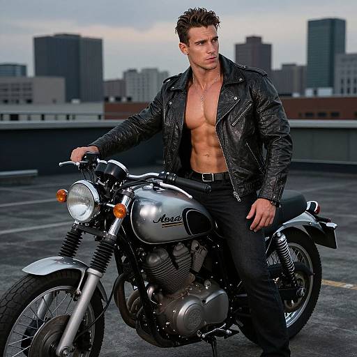 Photograph of a muscular, shirtless man with short brown hair, wearing a black leather jacket and jeans, standing beside a silver Indian motorcycle on a