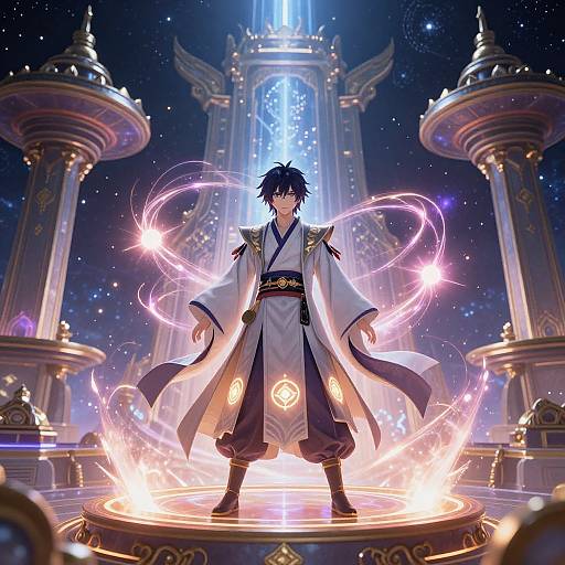 Anime-style digital artwork of a black-haired mage in a white and blue robe, surrounded by glowing magical circles, standing on a luminous platform in a