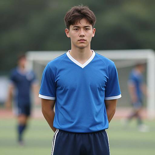Photograph of a young Asian male soccer player with short dark hair, wearing a blue V-neck jersey and black shorts, standing on a grassy field