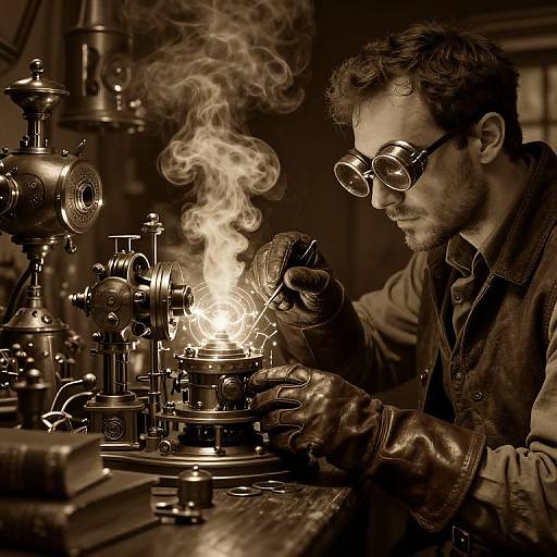 Sepia-toned photograph of a bearded man with steampunk goggles and leather gloves, welding a glowing, smoking machine in a dimly lit
