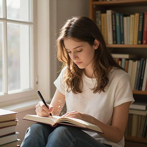 Photograph of a young woman with light brown hair, wearing a white t-shirt and blue jeans, writing in a book by sunlight in a bookshelf