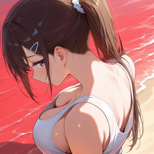 Anime Girl on Beach in White Tank Top