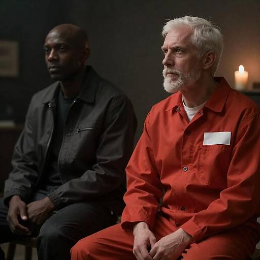 Two Men Sitting in Dimly Lit Room