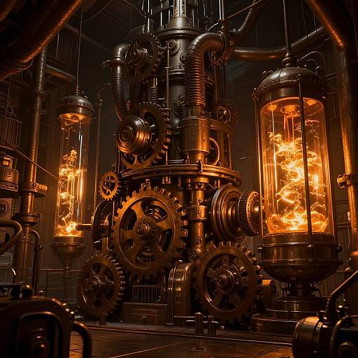 Steampunk-style photograph of glowing, orange-lit glass cylinders with gears and mechanical apparatus, surrounded by dark, metallic pipes in a dimly lit