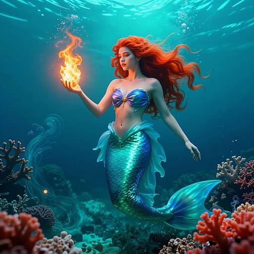 Digital art of a fiery-eyed mermaid with vibrant red hair, blue seashell bra, and shimmering blue-green scales, holding a glowing flame
