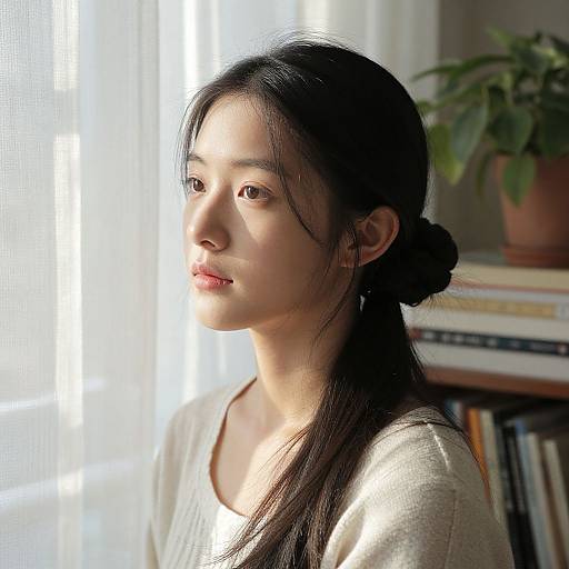 Photograph of an Asian woman with long black hair in a low bun, wearing a white sweater, lit by sunlight through a window, with a p