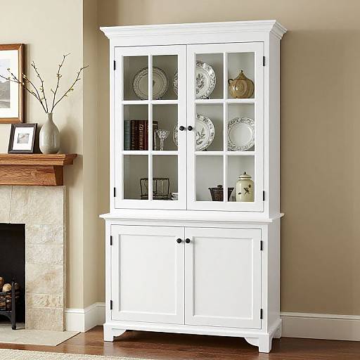 White Dining Hutch by Stone Fireplace