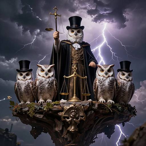 Mysterious, stormy photograph of four owls in black top hats and cloaks, standing on a rocky perch holding a balance scale, with a