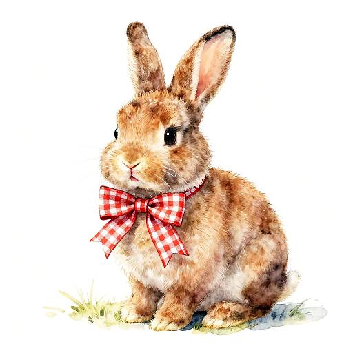 Illustration of a brown bunny with large ears, wearing a red and white checkered bowtie, sitting on grass against a white background.