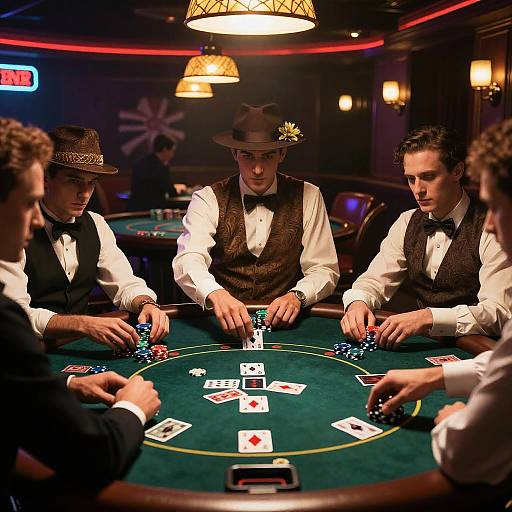 Photograph of five male poker players in formal vests and bow ties, intense focus, playing cards on a green casino table, warm lighting, vintage hat