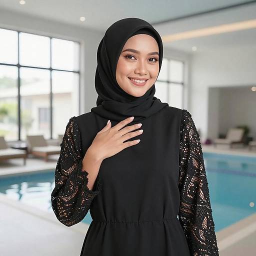 Smiling Asian Woman in Black Hijab