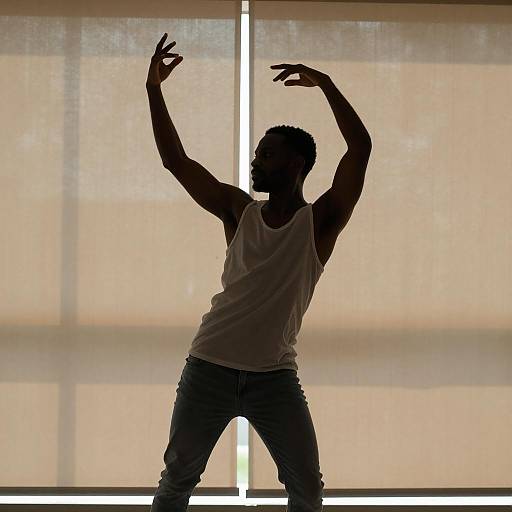 Dancing Silhouette Against Sunlit Blinds
