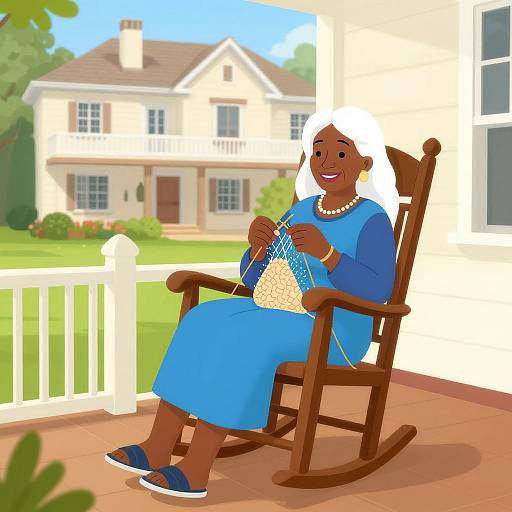 Digital illustration of a smiling, dark-skinned elderly woman with white hair, wearing a blue dress, pearls, and blue sandals, knitting on a porch