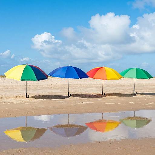 Bright beach scene with colorful umbrellas (yellow, blue, red, green) reflected in a shallow puddle under a vibrant blue sky.