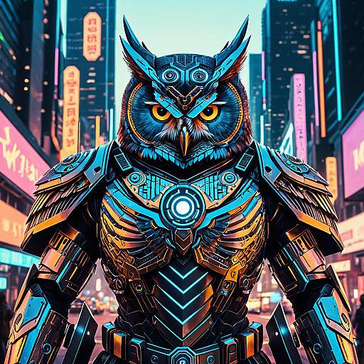Cybernetic Owl Warrior in Futuristic City