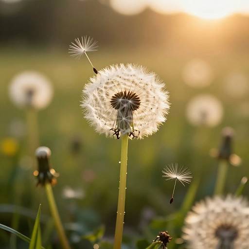 Close-up photograph of a dandelion in full bloom, backlit by a golden sunset. Blurred green field and other dandelions in the