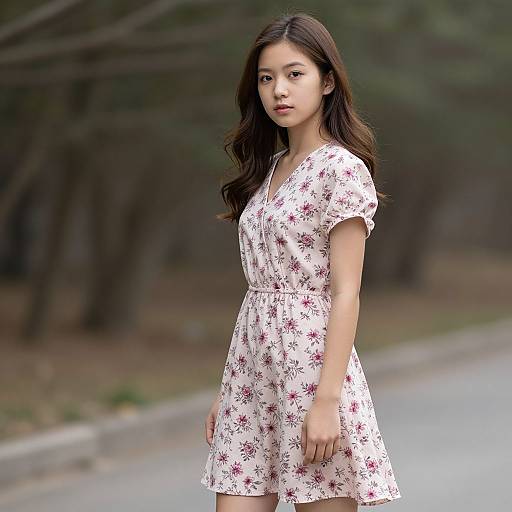 Photograph of an Asian woman with long dark hair, wearing a white floral dress, standing on a blurred forest path.