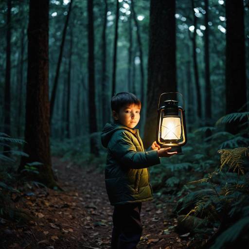 Child Holding Lantern in Forest at Dusk