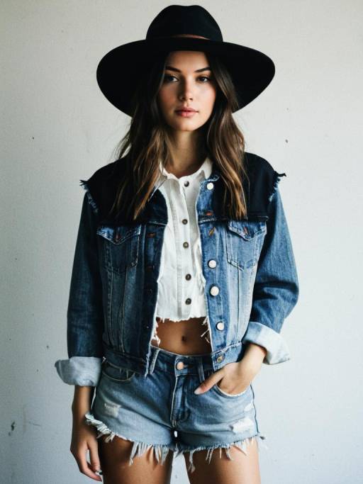 Young woman in vintage denim outfit with black hat