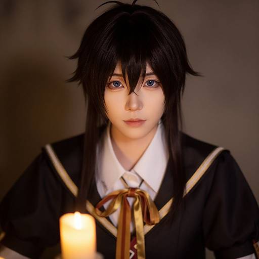 Digital anime-style portrait of a young man with black hair, blue eyes, wearing a black school uniform with white collar and golden ribbon, illuminated by a