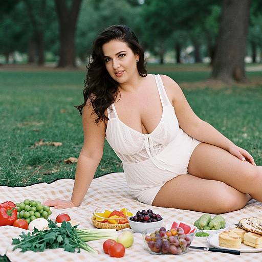 Photograph of a curvy, dark-haired woman with light skin, wearing a white, low-cut, sleeveless dress, sitting on a picnic blanket