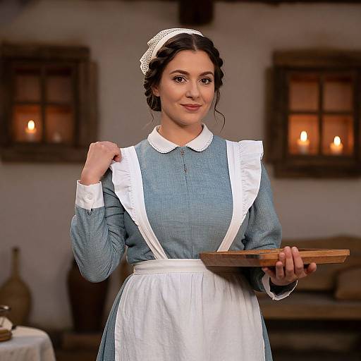 Photograph of a smiling woman with dark hair in a white lace headband, wearing a blue and white Victorian maid dress, holding a wooden tray,
