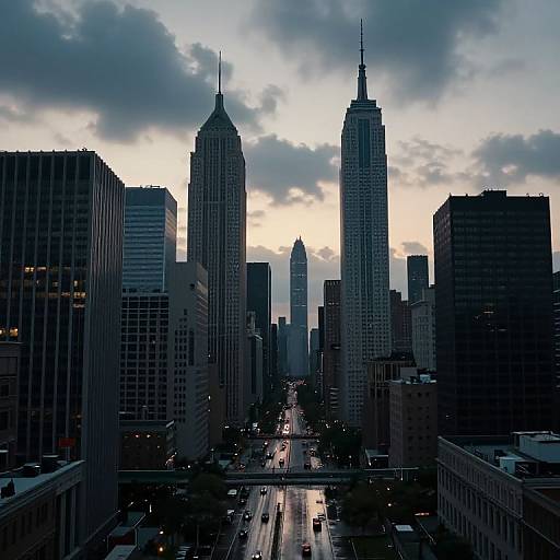 Photograph of a city skyline at dusk, showing tall skyscrapers with silhouetted tops against a cloudy sky, with streetlights lining the