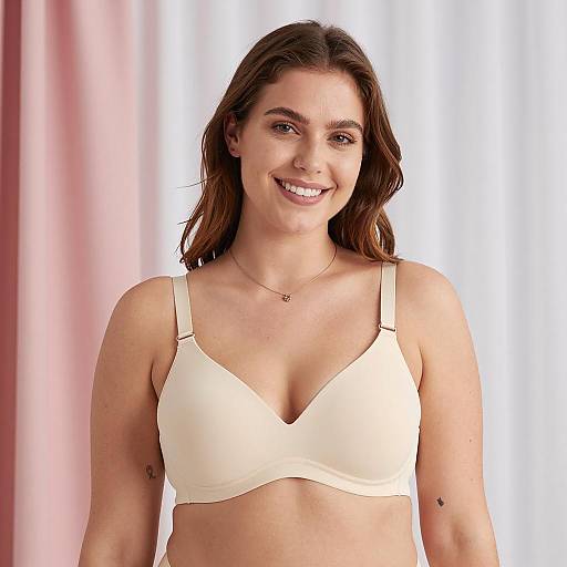 Smiling Woman in Beige Underwire Bra
