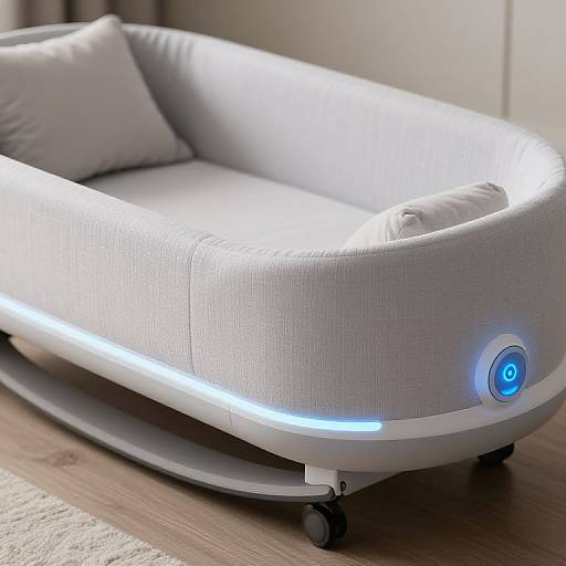 Photograph of a modern, gray, LED-lit, inflatable sofa on wheels with a blue circular button, positioned on wooden floor.