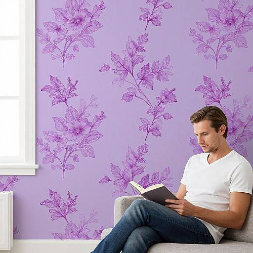 Photograph of a man in a white t-shirt and blue jeans, sitting on a gray couch, reading a book against a purple floral wallpaper backdrop.