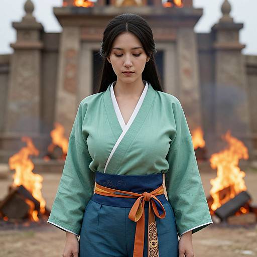 Photograph of an Asian woman with long black hair, wearing a mint green kimono with white trim and blue pants, standing in front of a burning