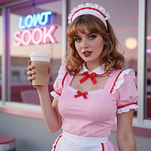 Photograph of a fair-skinned woman with brown hair in a pink and white French maid outfit, holding a coffee cup, standing outside a neon-l