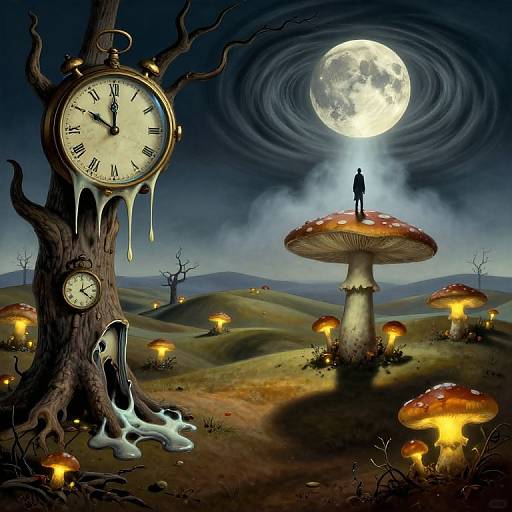 Digital surreal artwork: A clock tree with dripping goo, a person on a glowing mushroom under a full moon, surrounded by glowing fungi in a dark,