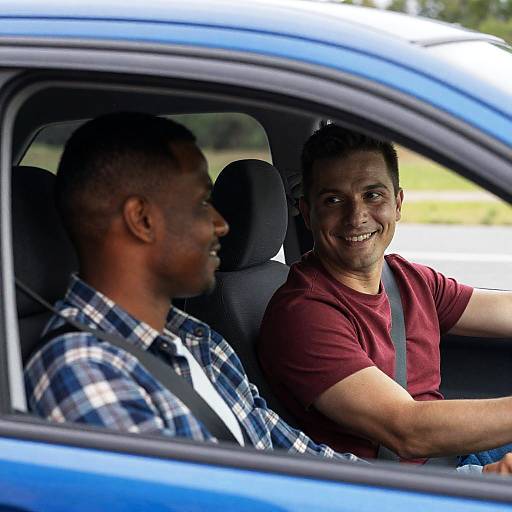 Two Men Smiling in Blue Car