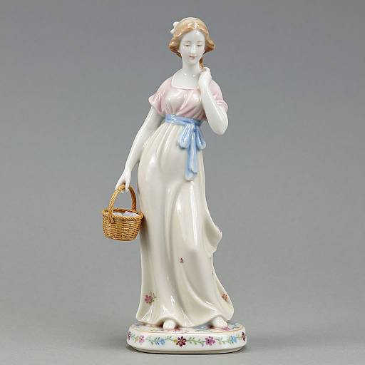 Photograph of a porcelain figurine of a smiling woman in a white dress with pink sleeves, holding a wicker basket, against a gray background.