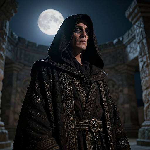 Photograph of a mysterious man in a dark, ornate hooded robe, standing under a glowing full moon in a ruined stone courtyard.