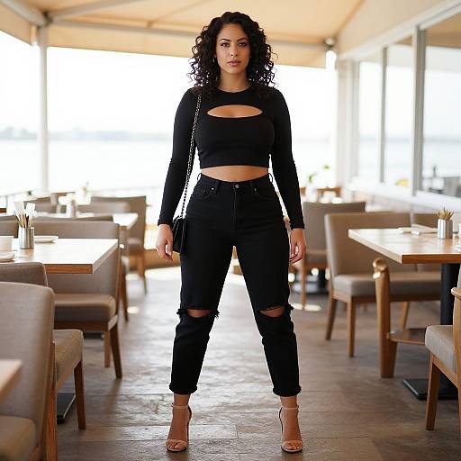 Photograph of a curly-haired woman with medium brown skin, wearing a black crop top with cutouts, ripped black jeans, and beige heels, standing