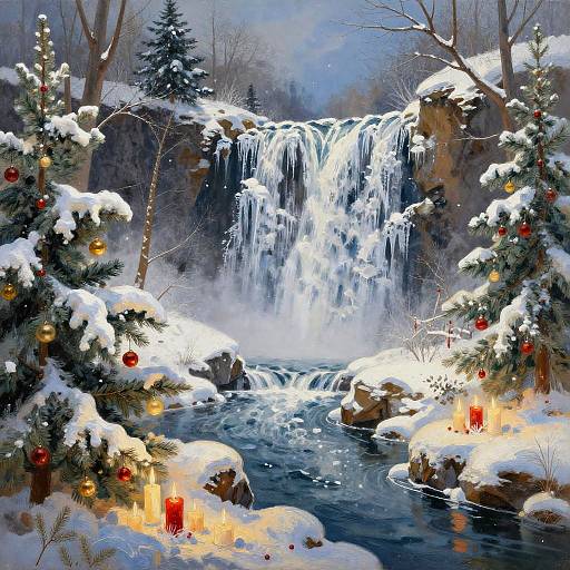 Snowy Waterfall Christmas Painting