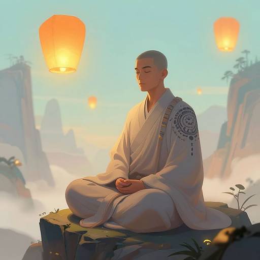 Serene Monk Meditation in LoL Art Style