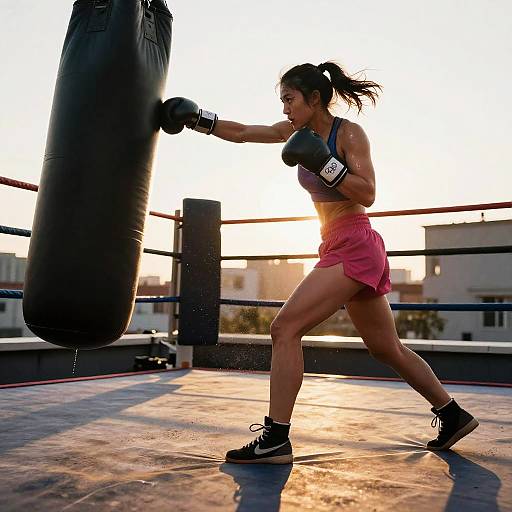 Fierce Female Boxer in Rooftop Ring
