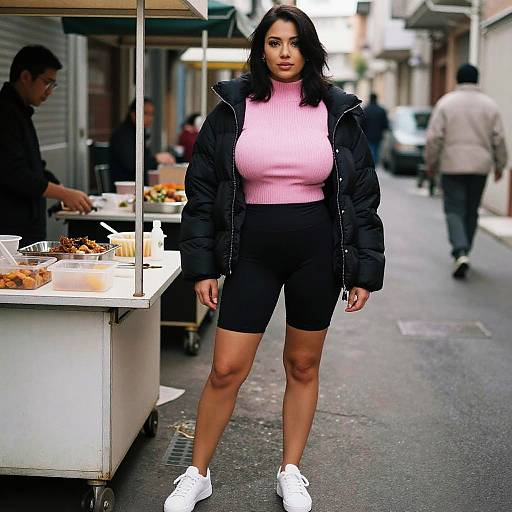 Photograph of a curvy woman with medium skin tone, black hair, pink sweater, black shorts, puffer jacket, and white sneakers, standing