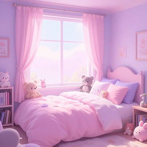 Photograph of a pastel pink, whimsical bedroom with a window, white curtains, plush teddy bears, and soft bedding, bathed in