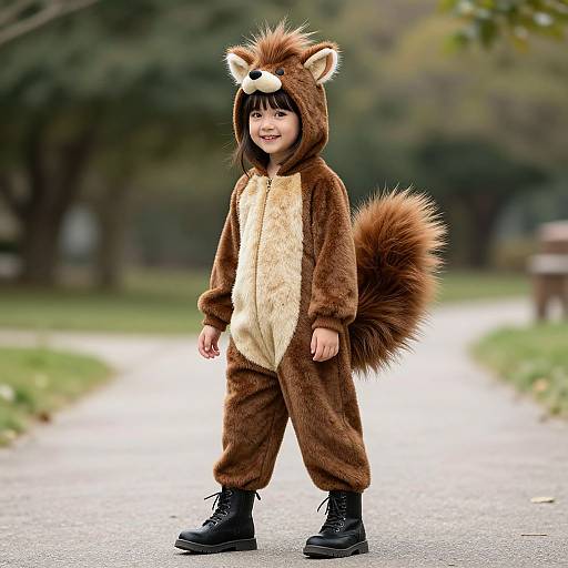Photograph of a smiling young child in a brown and beige squirrel costume with a fluffy tail, standing on a park path.