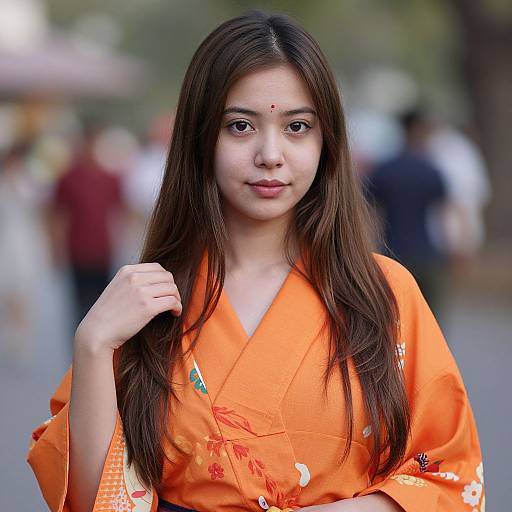 Photograph of a young Asian woman with long brown hair, wearing an orange kimono adorned with white and red patterns, standing outdoors with a blurred background