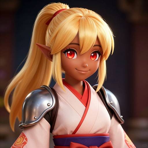 Digital CGI image of a cute, blonde elf woman with red eyes, wearing a white kimono with red trim and metallic armor shoulders, smiling warmly against