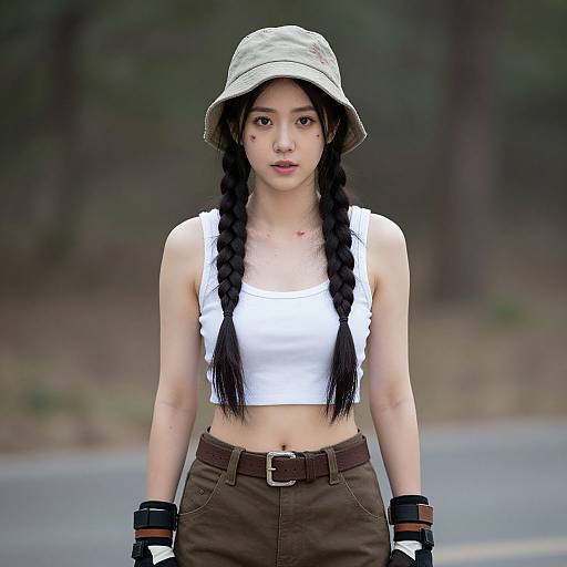 Photograph of an Asian woman with black braids, wearing a white crop top, brown pants, beige bucket hat, and gloves, standing outdoors on